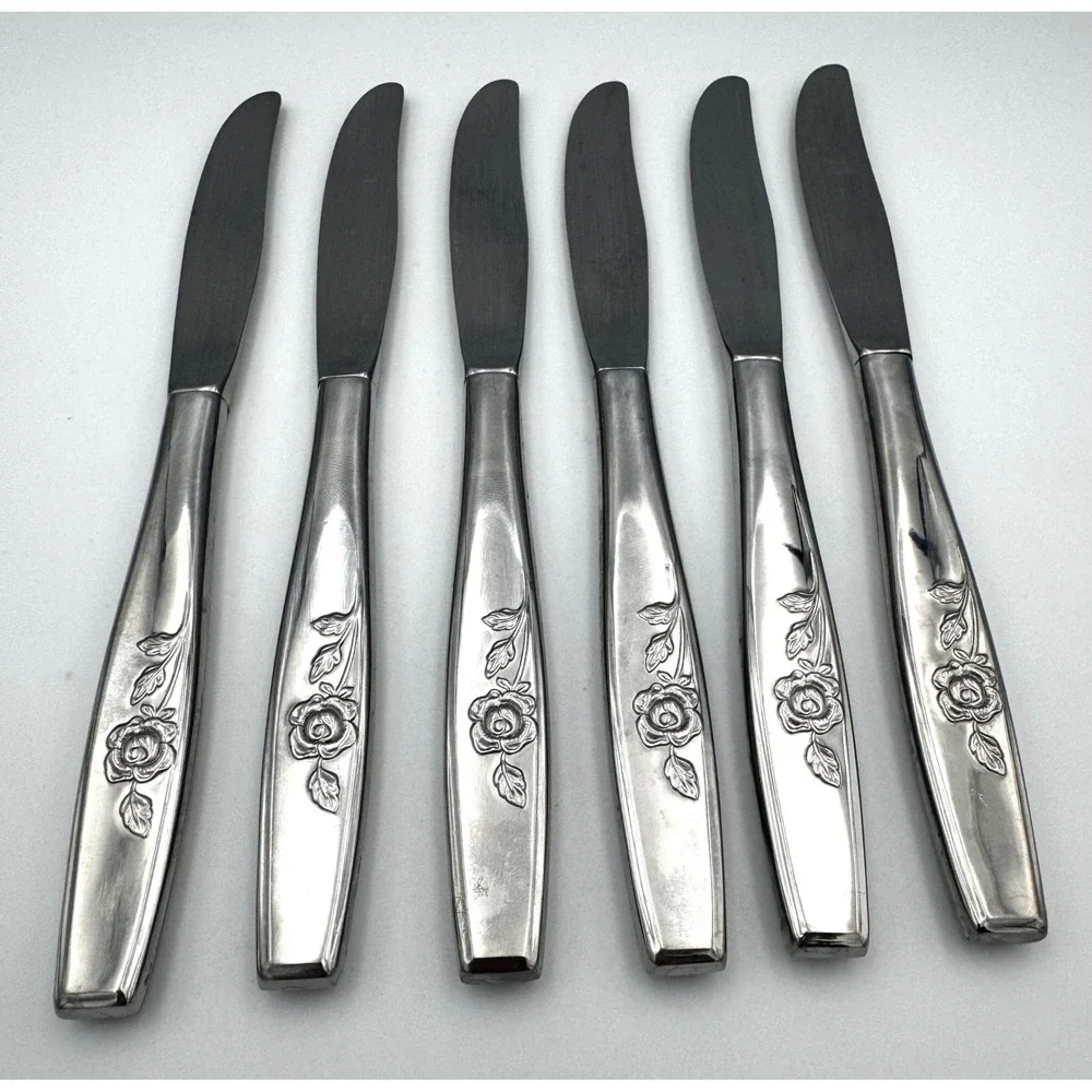 Lot of 6 Vintage Oneida Lasting Rose Stainless Steel Dinner Knives 8.5